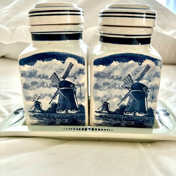 Vintage Delft Blue Blauw Hand Painted Spice Jar bottles Canister Set Tray Dutch - Picture 2 of 16